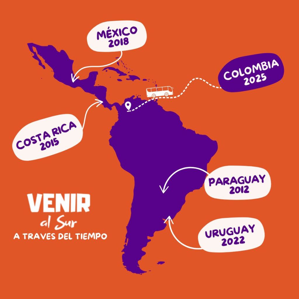 Fondo liso color naranja. En la esquina inferior izquierda el logo de Venir Al Sur y la frase "A través del tiempo". En el centro un mapa color índigo de Abya Yala: América Latina y Caribe. Flechas curvas señalan a cada país donde se ha realizado el Encuentro con su correspondiente inscripción: "Paraguay 2012" , "Costa Rica 2015" ,"México 2018" ,"Uruguay 2022". Un dibujo de un bus va sobre una línea punteada desde la ubicación de Colombia en el mapa hasta un texto que dice "Colombia 2025".